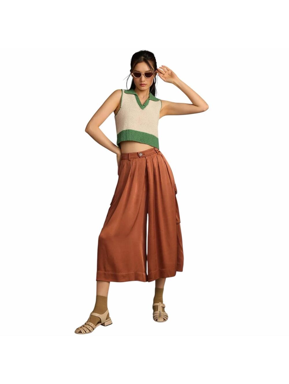 Anthropologie Silky Pleated Culottes Bronze Color Wide Leg with Cargo Pockets M